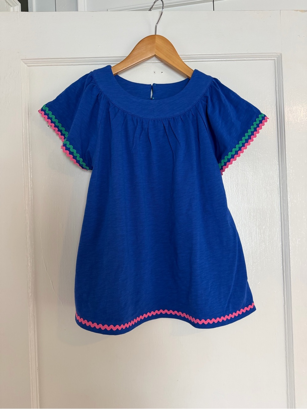 Mini Boden Girls' Blue Short Sleeve Tunic with Pink & Green Trim size 11-12Y